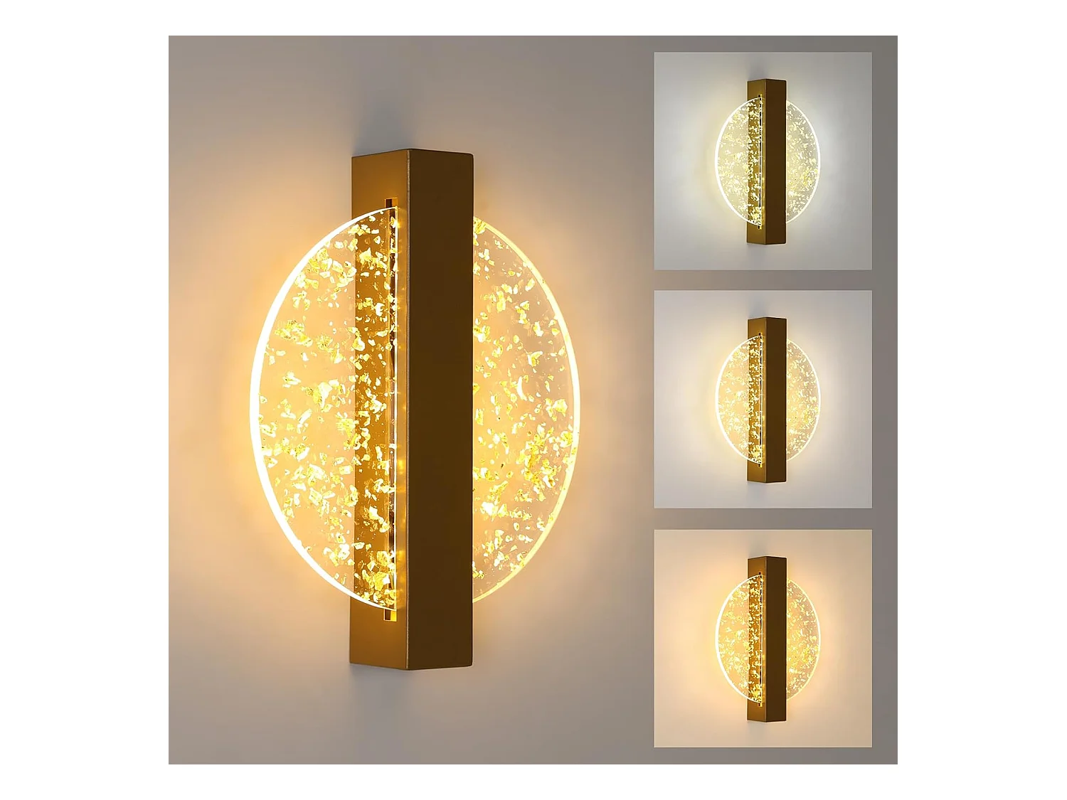 Applique Murale LED Moderne avec Feuille d'Or, Or Rond,en Acrylique, Lampe Tricolore, pour Chambre Salon