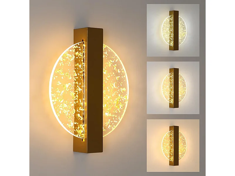 Applique Murale LED Moderne avec Feuille d'Or, Or Rond,en Acrylique, Lampe Tricolore, pour Chambre Salon