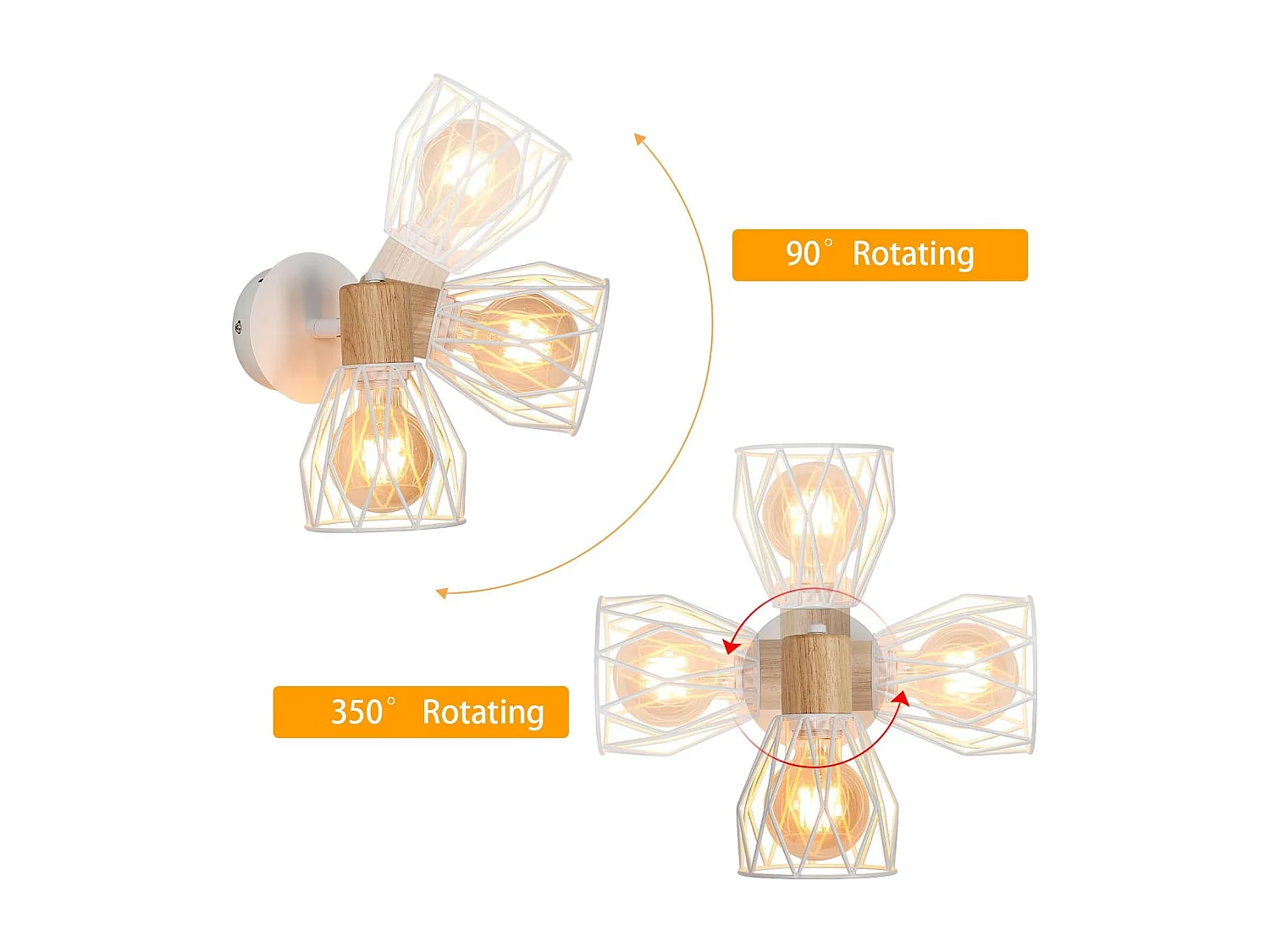 2 pièces Applique Murale Intérieur Bois Vintage Lampe murale E27 Base Pour chambre à coucher, salon, couloir, entrée Blanc (Ampoule non incluse)