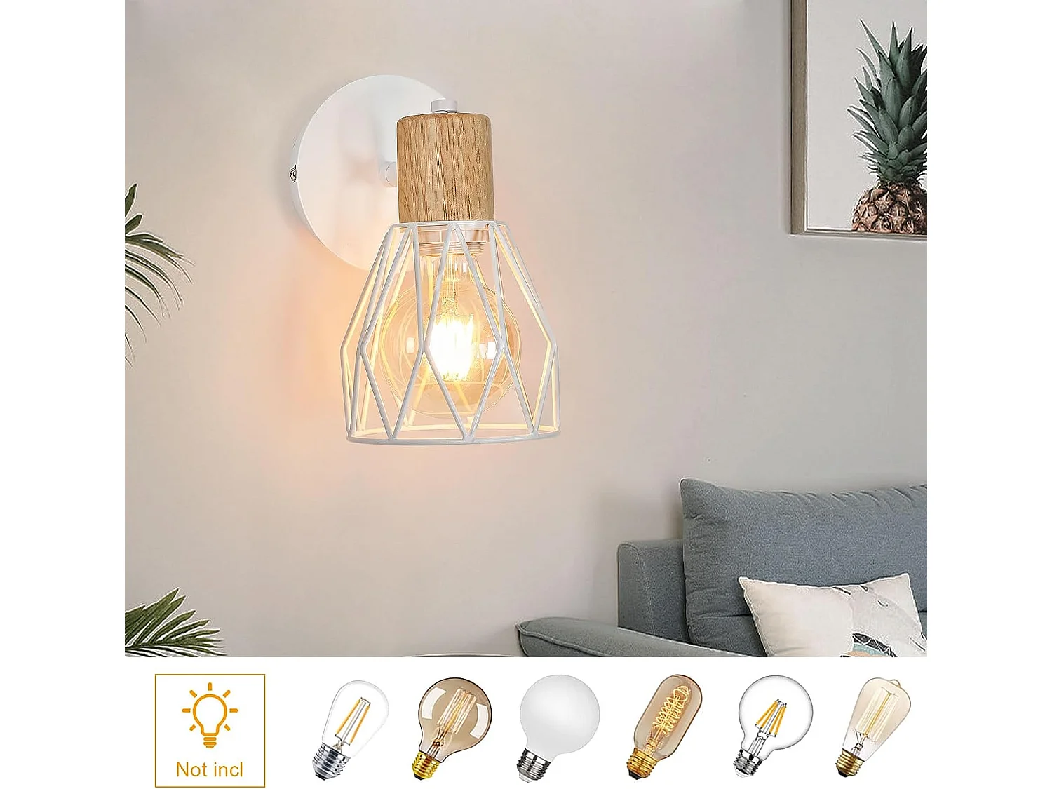 2 pièces Applique Murale Intérieur Bois Vintage Lampe murale E27 Base Pour chambre à coucher, salon, couloir, entrée Blanc (Ampoule non incluse)