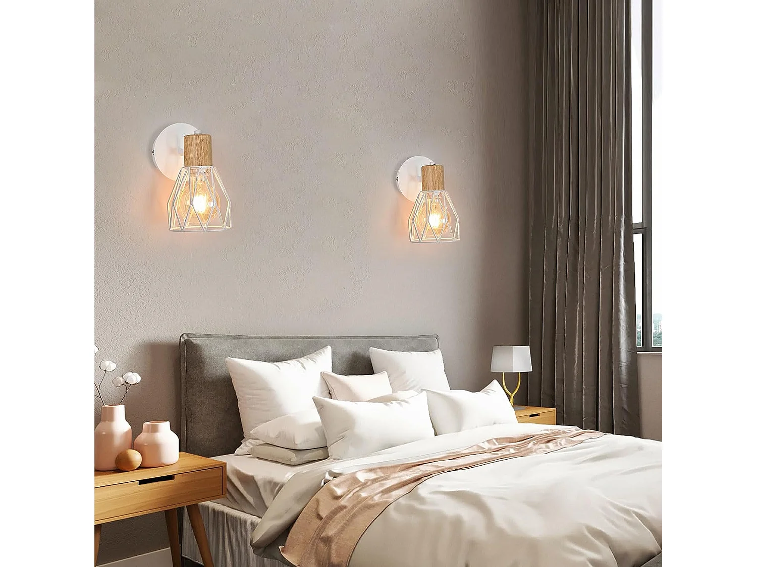 2 pièces Applique Murale Intérieur Bois Vintage Lampe murale E27 Base Pour chambre à coucher, salon, couloir, entrée Blanc (Ampoule non incluse)