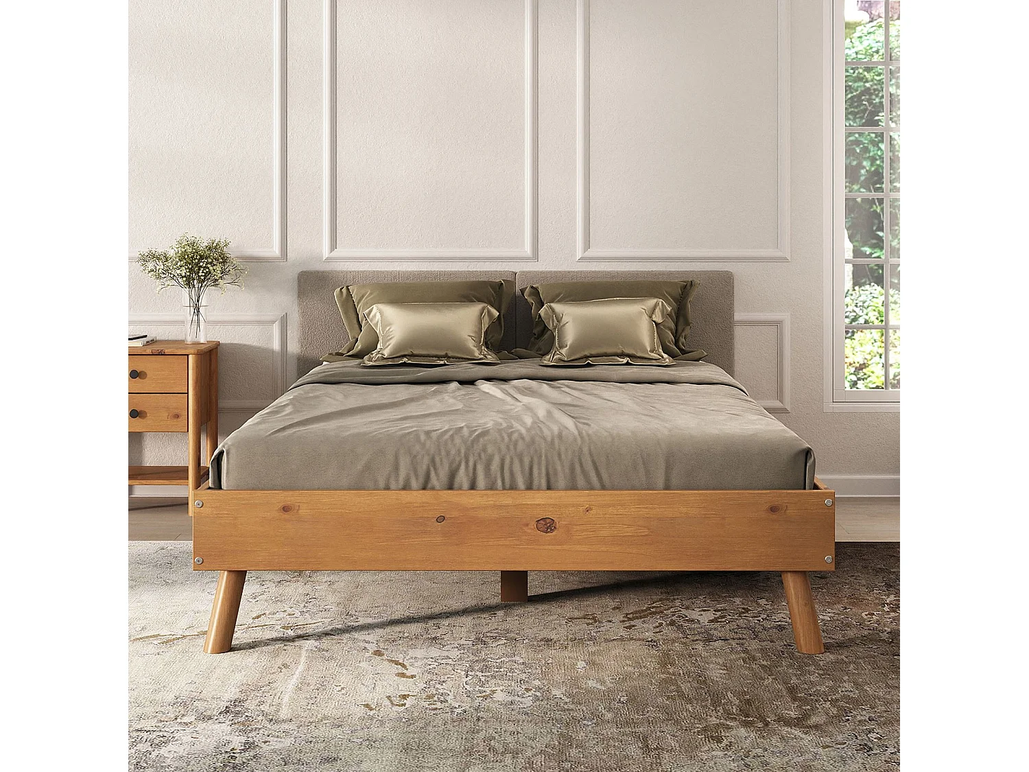 Lit futon KARRI double pour adulte 140 x 200 cm, 2 places, en bois massif, coloris chêne