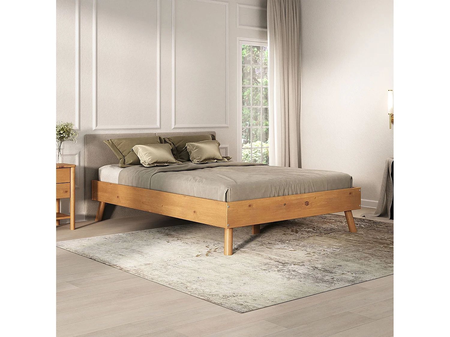 Lit futon KARRI double pour adulte 140 x 200 cm, 2 places, en bois massif, coloris chêne