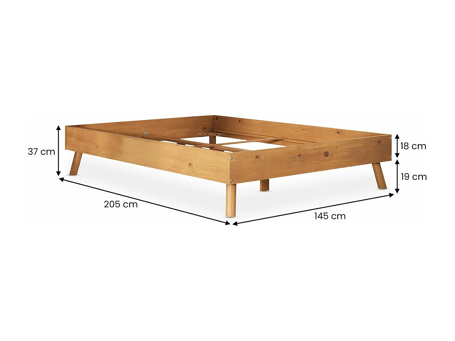 Lit futon KARRI double pour adulte 140 x 200 cm, 2 places, en bois massif, coloris chêne