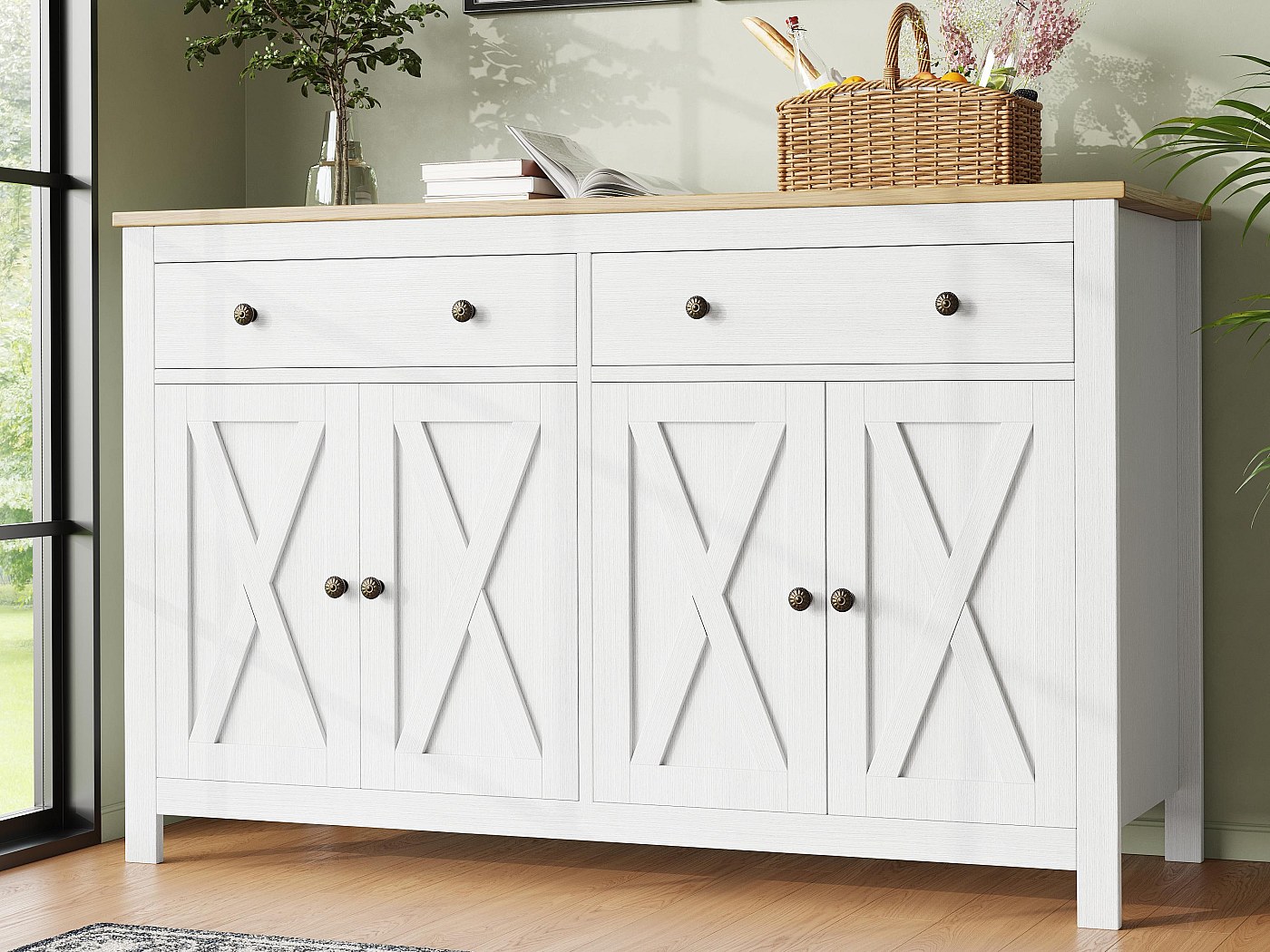 DRIXNO Küchenschrank Weiß Hochglanz 105x45x185cm - Modernes Sideboard Mit Metallgriffen