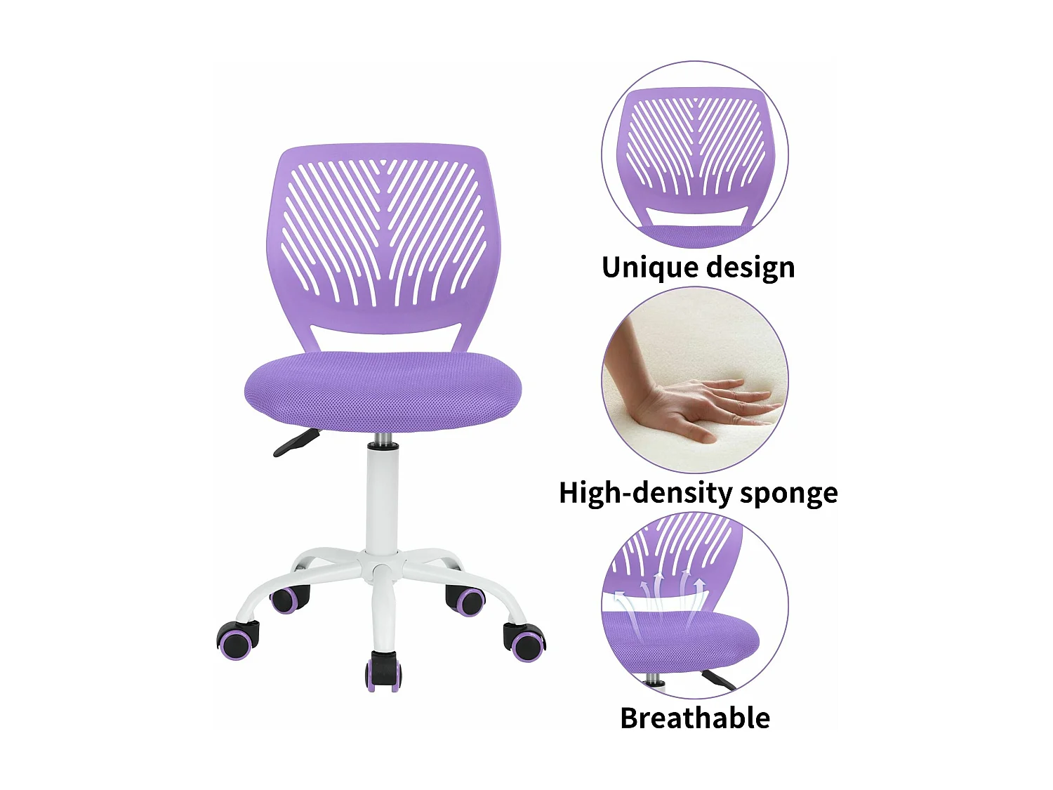 URBAN MEUBLE Chaise de bureau pivotante violet, dossier ergonomique, revêtement en maille, hauteur réglable, style moderne, pour la maison et le bureau