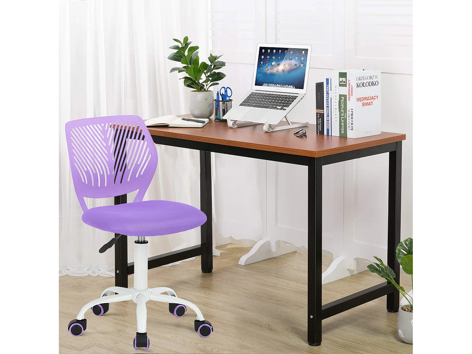 URBAN MEUBLE Chaise de bureau pivotante violet, dossier ergonomique, revêtement en maille, hauteur réglable, style moderne, pour la maison et le bureau