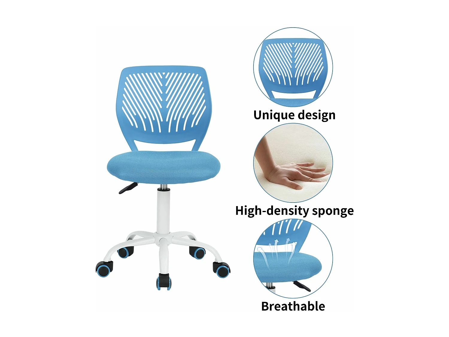 URBAN MEUBLE Chaise de bureau pivotante bleu, dossier ergonomique, revêtement en maille, hauteur réglable, style moderne, pour la maison et le bureau