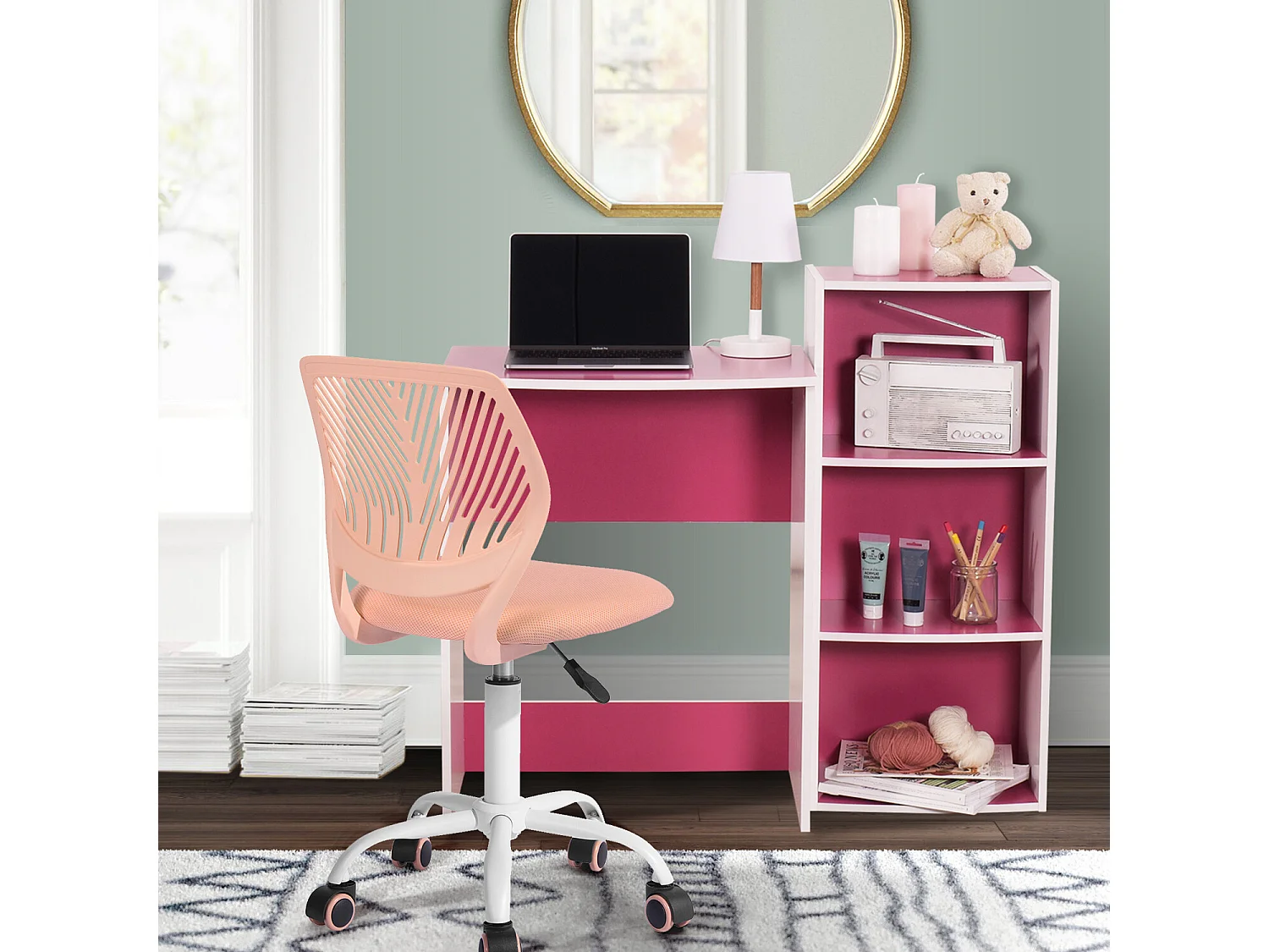 URBAN MEUBLE Chaise de bureau pivotante rose, dossier ergonomique, revêtement en maille, hauteur réglable, style moderne, pour la maison et le bureau