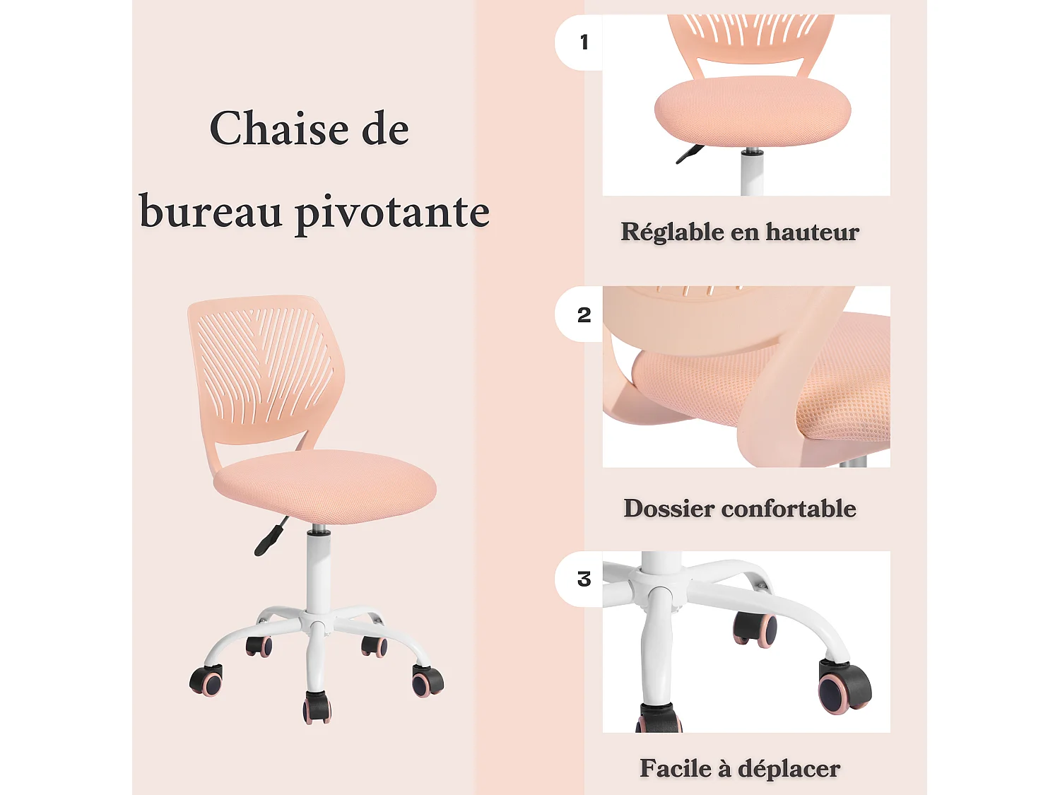 URBAN MEUBLE Chaise de bureau pivotante rose, dossier ergonomique, revêtement en maille, hauteur réglable, style moderne, pour la maison et le bureau