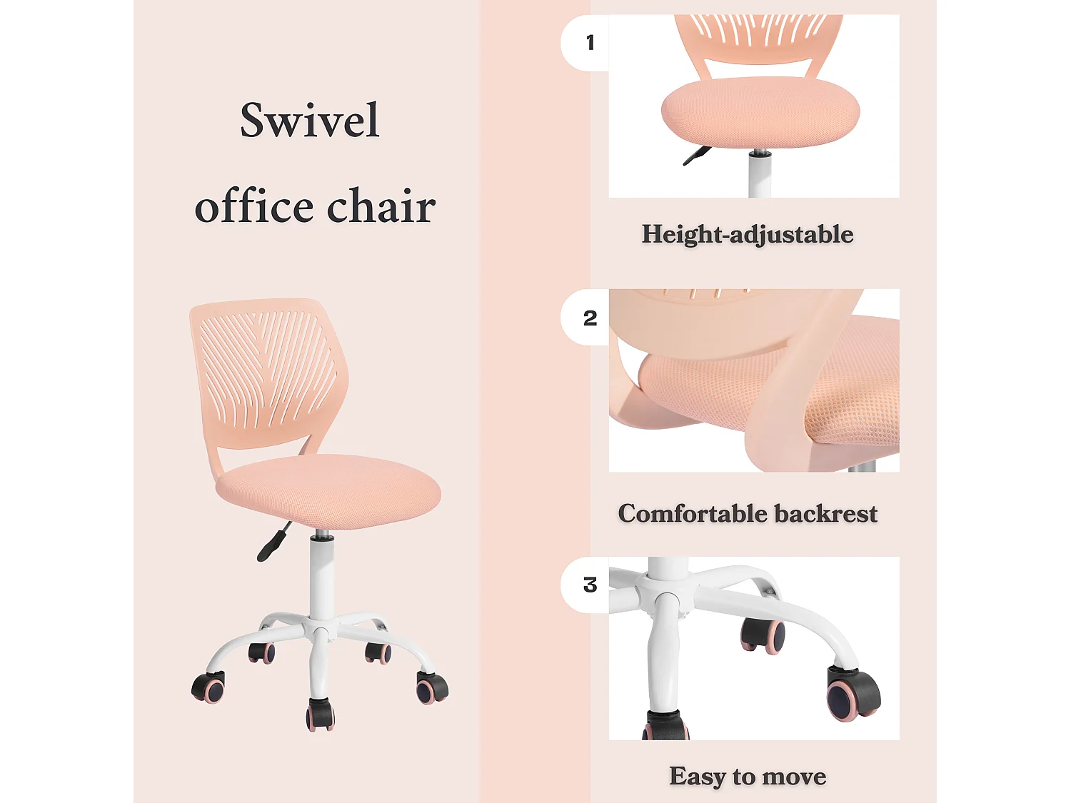 URBAN MEUBLE Chaise de bureau pivotante rose, dossier ergonomique, revêtement en maille, hauteur réglable, style moderne, pour la maison et le bureau