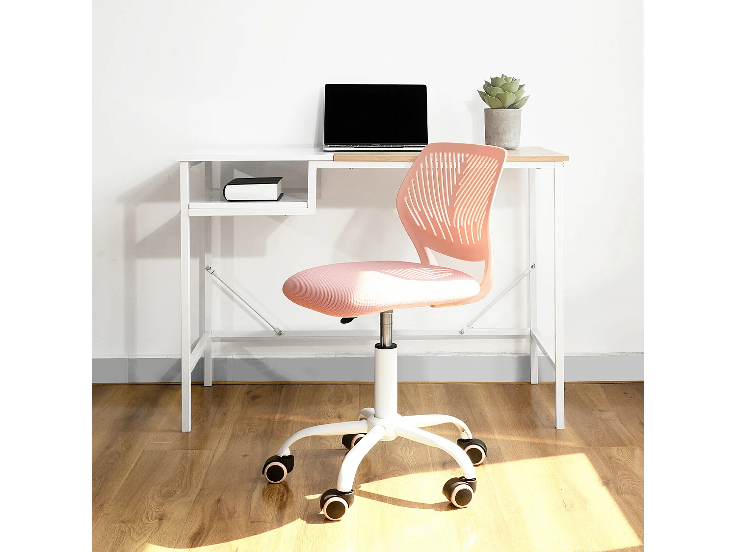 URBAN MEUBLE Chaise de bureau pivotante rose, dossier ergonomique, revêtement en maille, hauteur réglable, style moderne, pour la maison et le bureau