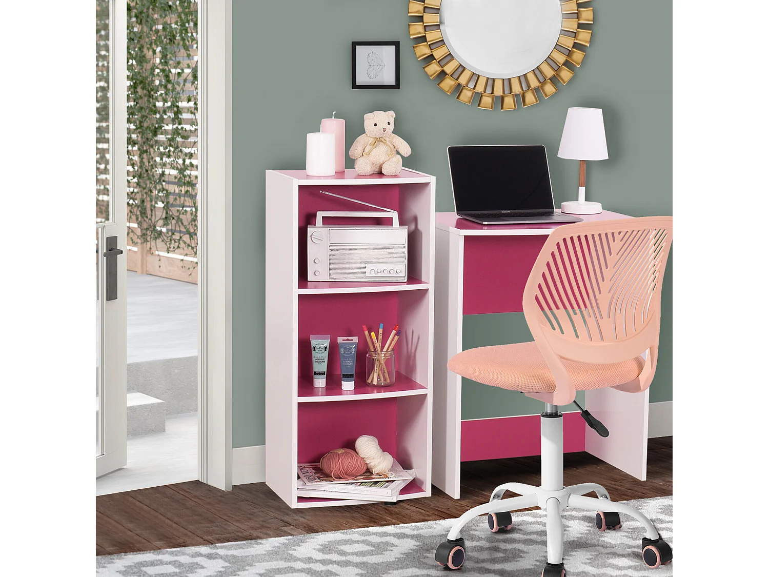 URBAN MEUBLE Chaise de bureau pivotante rose, dossier ergonomique, revêtement en maille, hauteur réglable, style moderne, pour la maison et le bureau