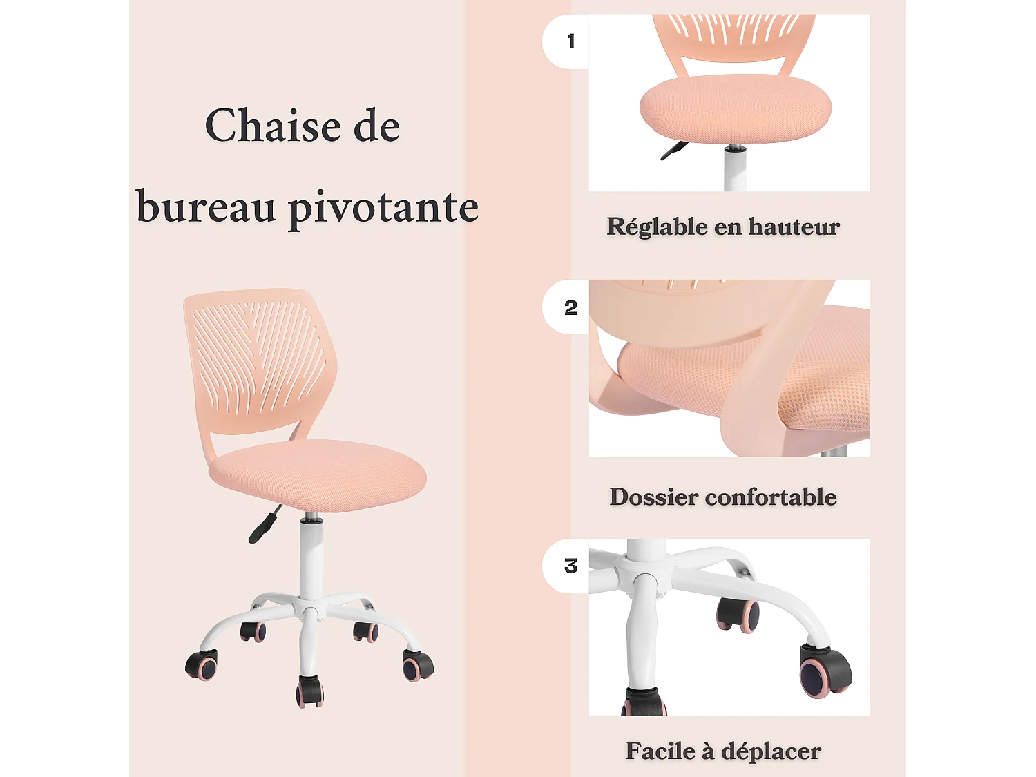 URBAN MEUBLE Chaise de bureau pivotante rose, dossier ergonomique, revêtement en maille, hauteur réglable, style moderne, pour la maison et le bureau