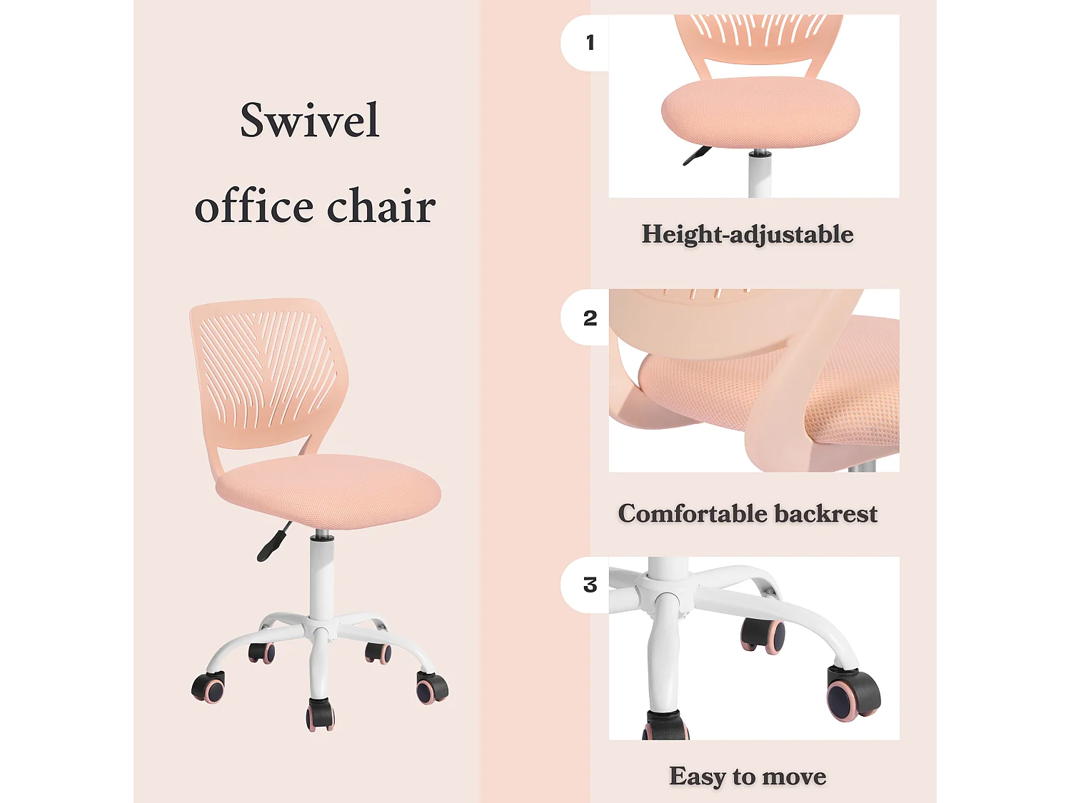 URBAN MEUBLE Chaise de bureau pivotante rose, dossier ergonomique, revêtement en maille, hauteur réglable, style moderne, pour la maison et le bureau