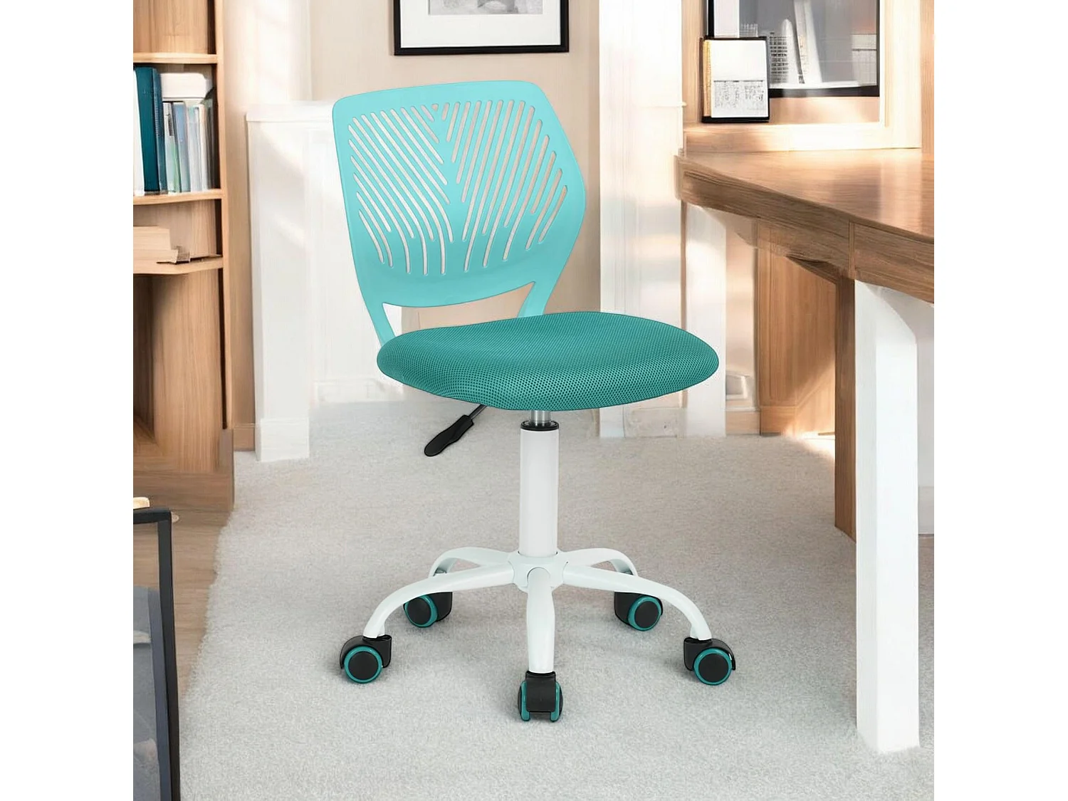 URBAN MEUBLE Chaise de bureau pivotante turquoise, dossier ergonomique, revêtement en maille, hauteur réglable, style moderne, pour la maison et le bureau