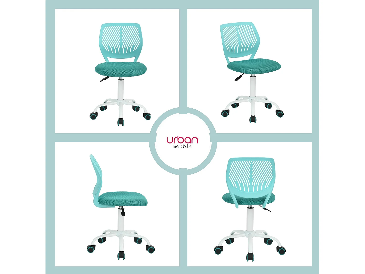 URBAN MEUBLE Chaise de bureau pivotante turquoise, dossier ergonomique, revêtement en maille, hauteur réglable, style moderne, pour la maison et le bureau