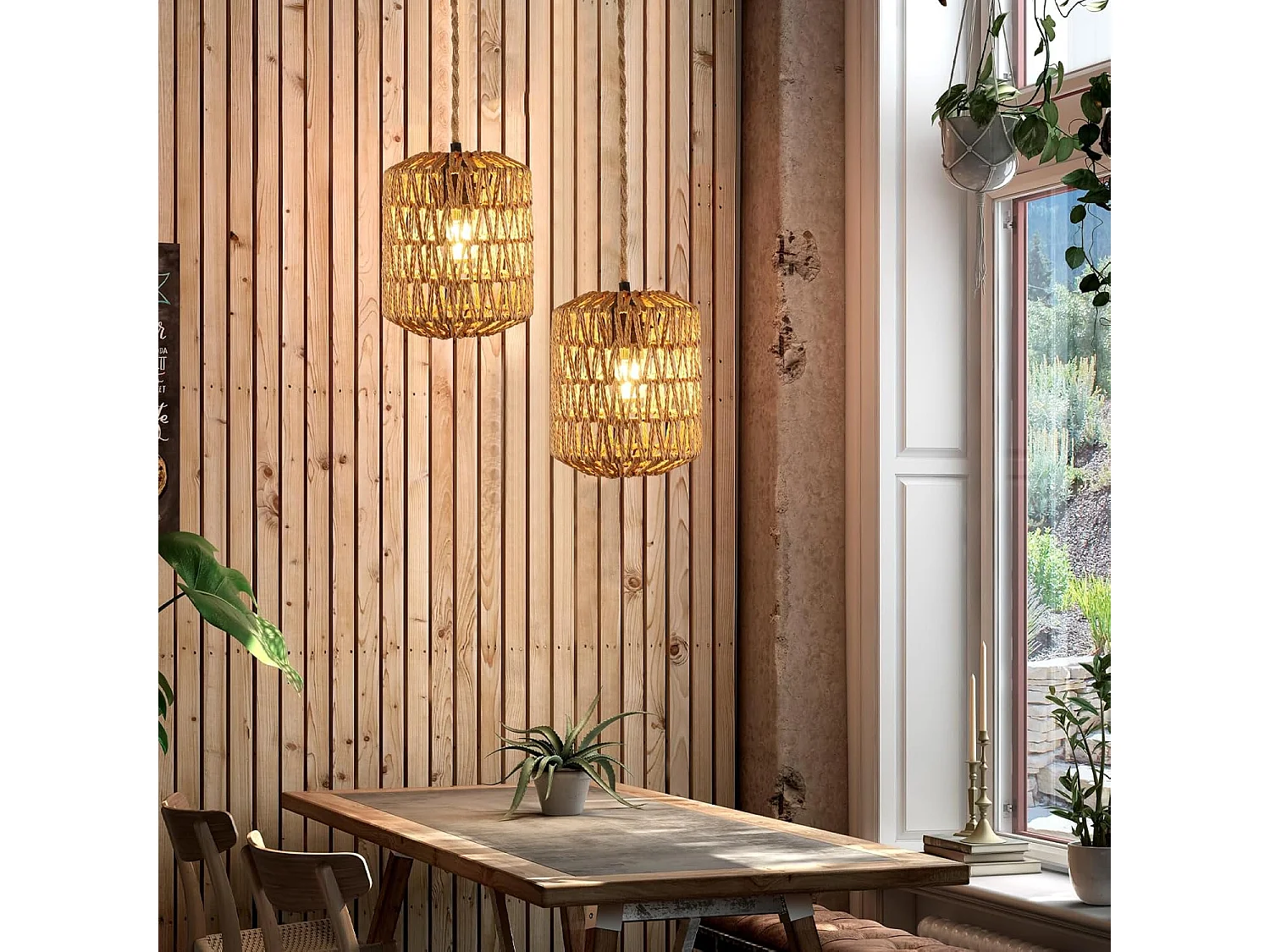 Lustre en Bambou Tressé - Forme Cylindrique 17.5x21cm, Douille E27, Sans Source Lumineuse, Câble de Suspension 150cm