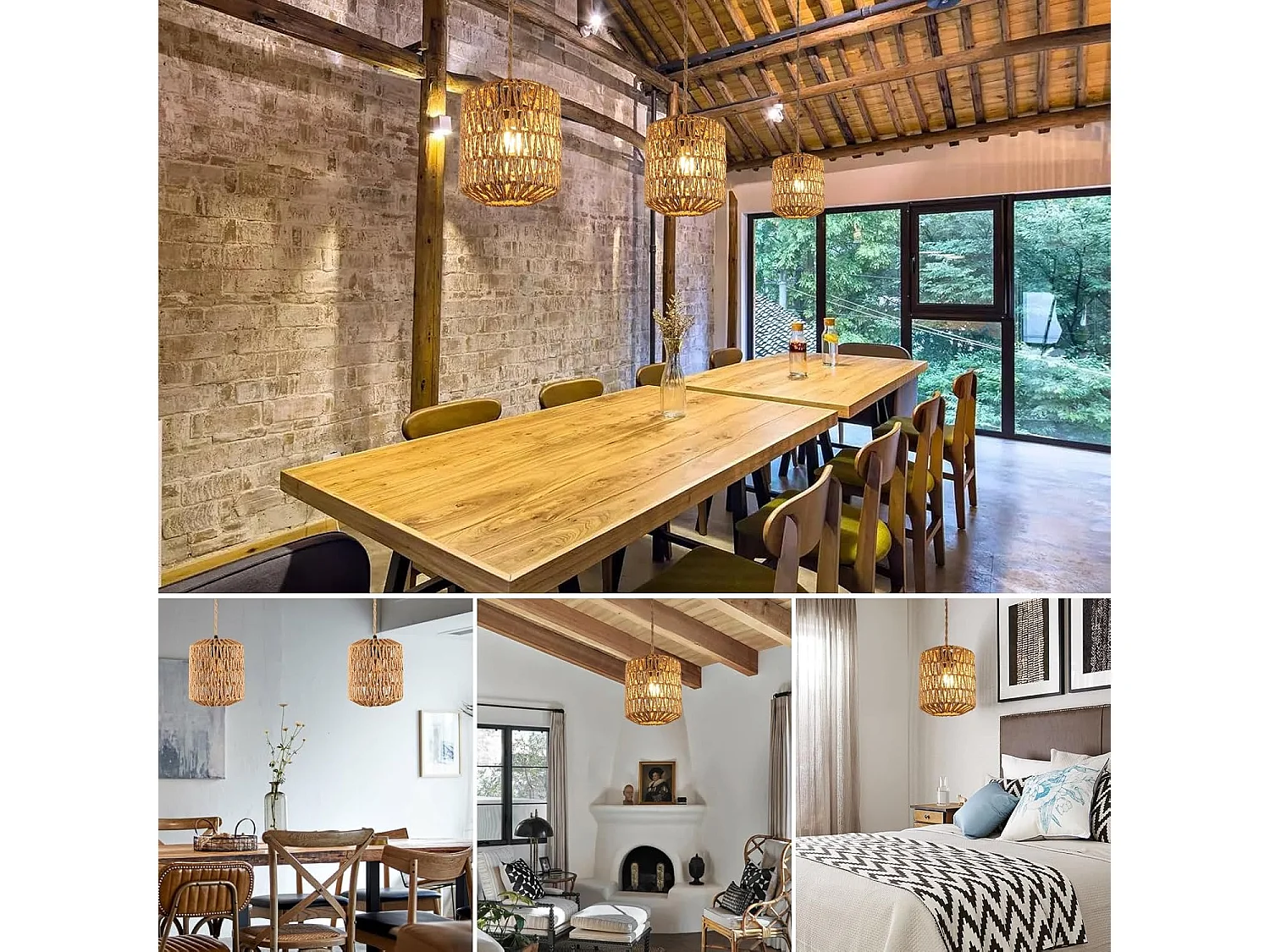 Lustre en Bambou Tressé - Forme Cylindrique 17.5x21cm, Douille E27, Sans Source Lumineuse, Câble de Suspension 150cm