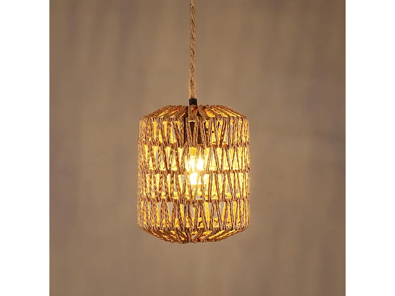 Lustre en Bambou Tressé - Forme Cylindrique 17.5x21cm, Douille E27, Sans Source Lumineuse, Câble de Suspension 150cm