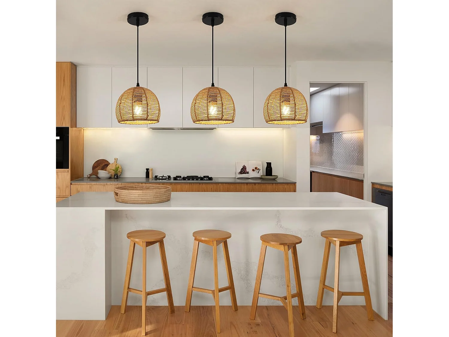 Lustre en Bambou Tissé - 20x20cm, Base Noire, Douille E27, Sans Source Lumineuse, Câble de Suspension 1.2m