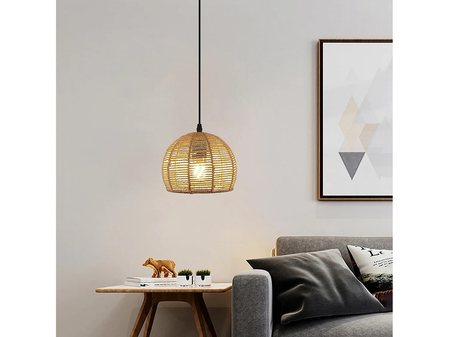 Lustre en Bambou Tissé - 20x20cm, Base Noire, Douille E27, Sans Source Lumineuse, Câble de Suspension 1.2m