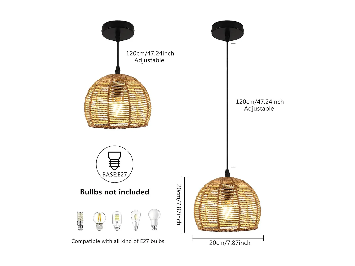 Lustre en Bambou Tissé - 20x20cm, Base Noire, Douille E27, Sans Source Lumineuse, Câble de Suspension 1.2m