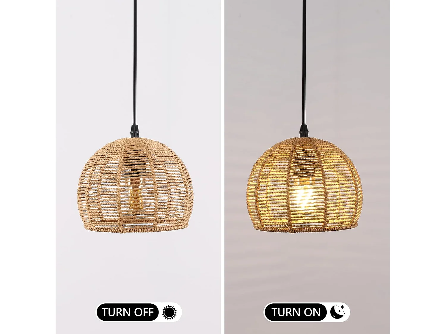 Lustre en Bambou Tissé - 20x20cm, Base Noire, Douille E27, Sans Source Lumineuse, Câble de Suspension 1.2m