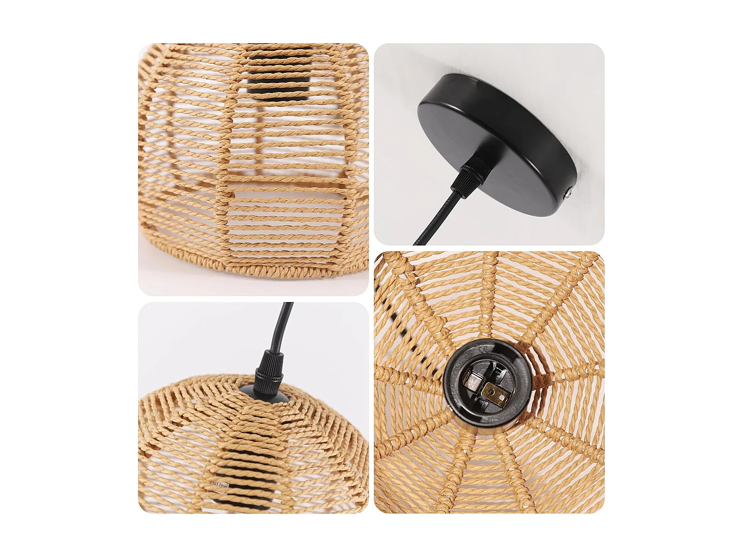 Lustre en Bambou Tissé - 20x20cm, Base Noire, Douille E27, Sans Source Lumineuse, Câble de Suspension 1.2m