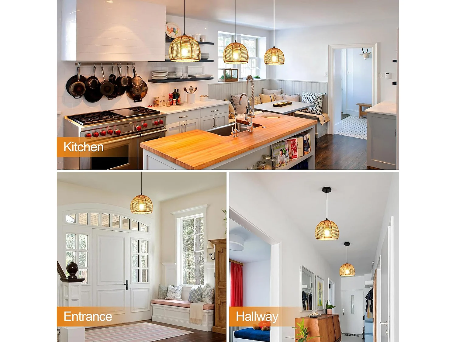 Lustre en Bambou Tissé - 20x20cm, Base Noire, Douille E27, Sans Source Lumineuse, Câble de Suspension 1.2m