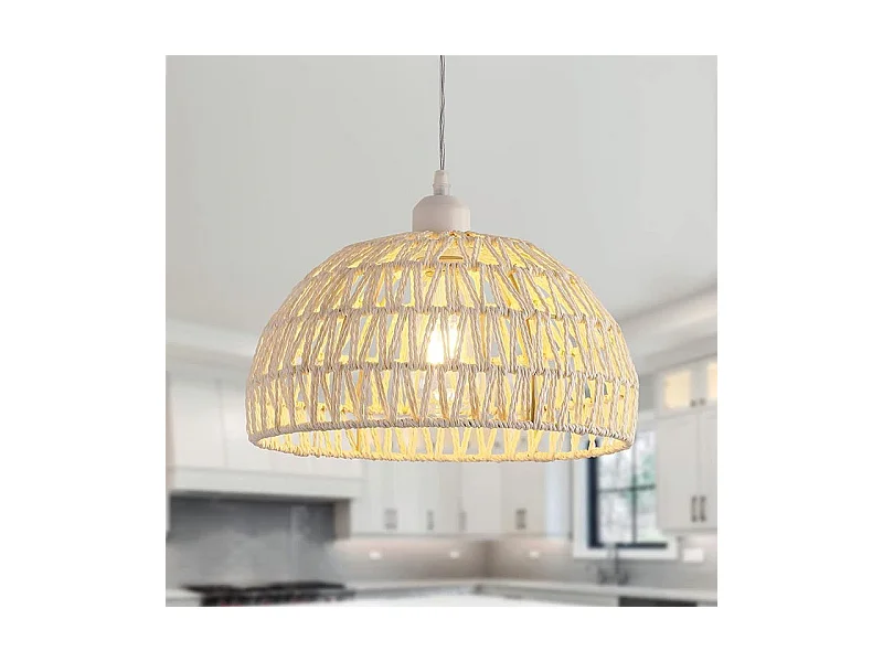 Suspension Luminaire en Rotin Moderne Lustre Abat-jour en Rotin Naturel Lampe Suspendue Hauteur Réglable E27 Suspension pour Cuisine Chambre Salon