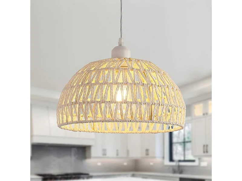 Suspension Luminaire en Rotin Moderne Lustre Abat-jour en Rotin Naturel Lampe Suspendue Hauteur Réglable E27 Suspension pour Cuisine Chambre Salon