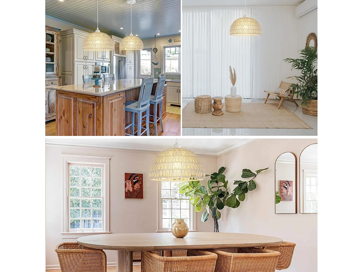 Suspension Luminaire en Rotin Moderne Lustre Abat-jour en Rotin Naturel Lampe Suspendue Hauteur Réglable E27 Suspension pour Cuisine Chambre Salon