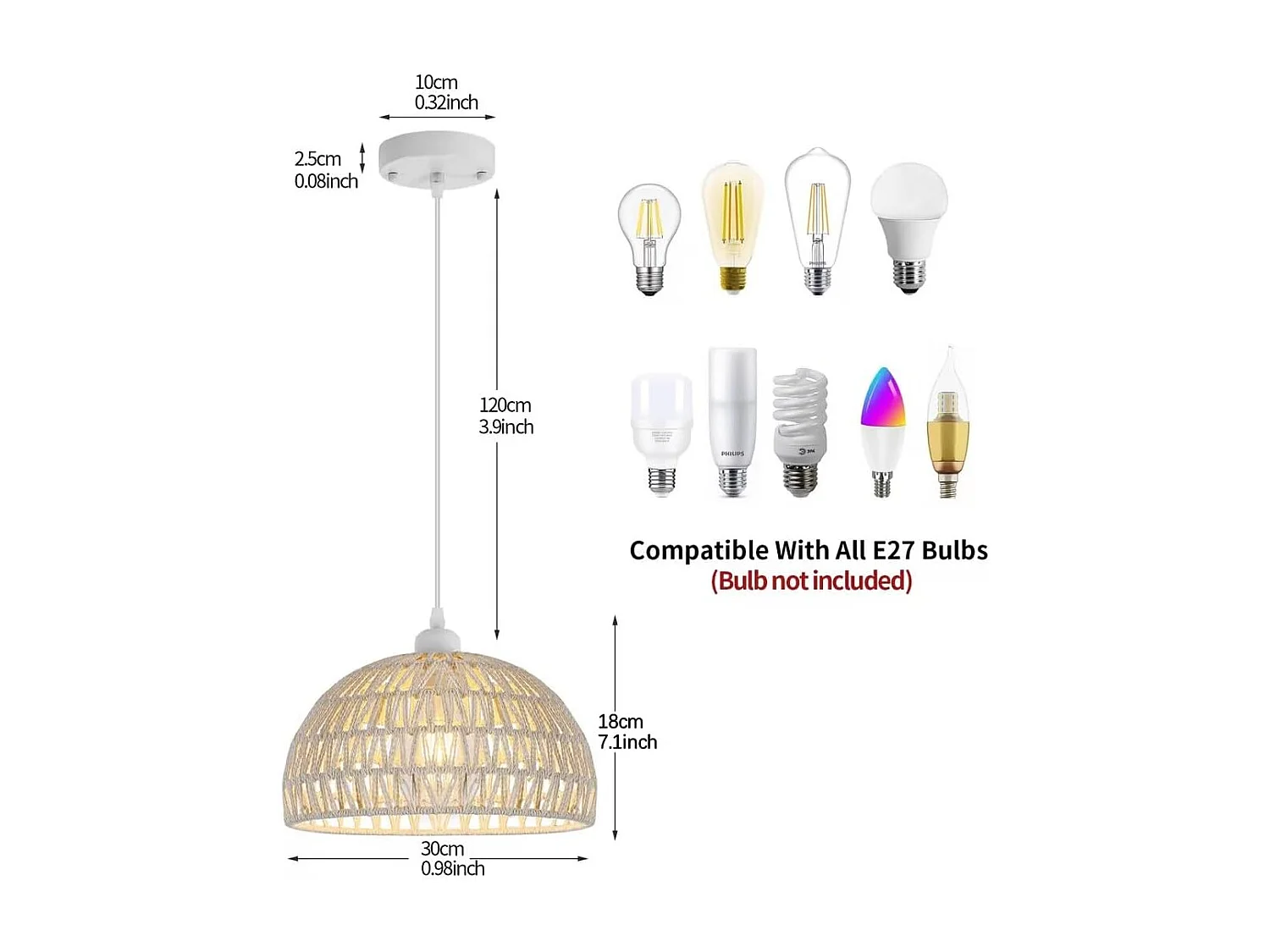 Suspension Luminaire en Rotin Moderne Lustre Abat-jour en Rotin Naturel Lampe Suspendue Hauteur Réglable E27 Suspension pour Cuisine Chambre Salon