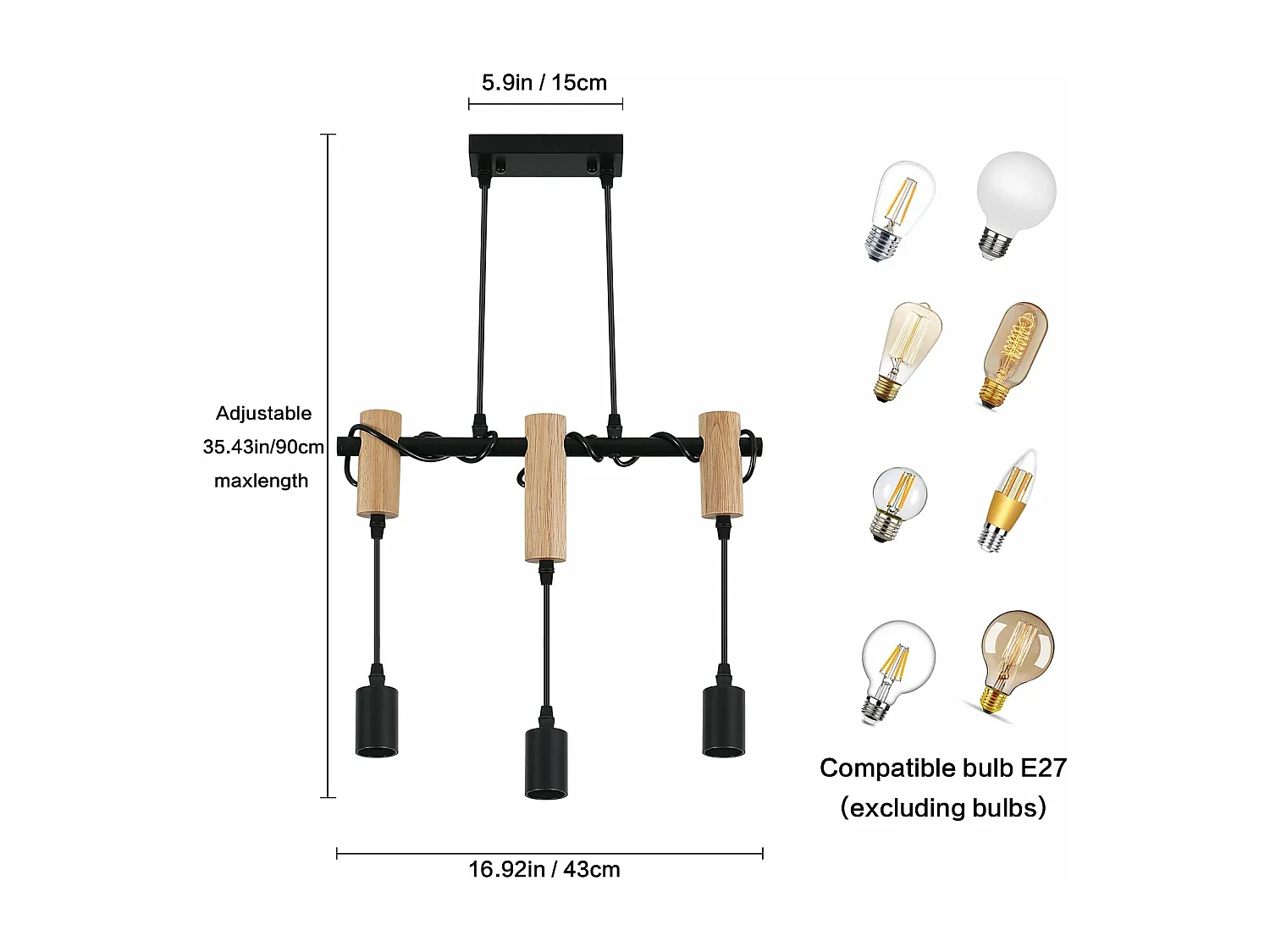 Suspension Luminaire Industrielle Rétro en Métal à 3 Lumières avec Câble Réglable Douilles E27 pour Salle à Manger, Salon, Studio, Couloir, Café, Bar