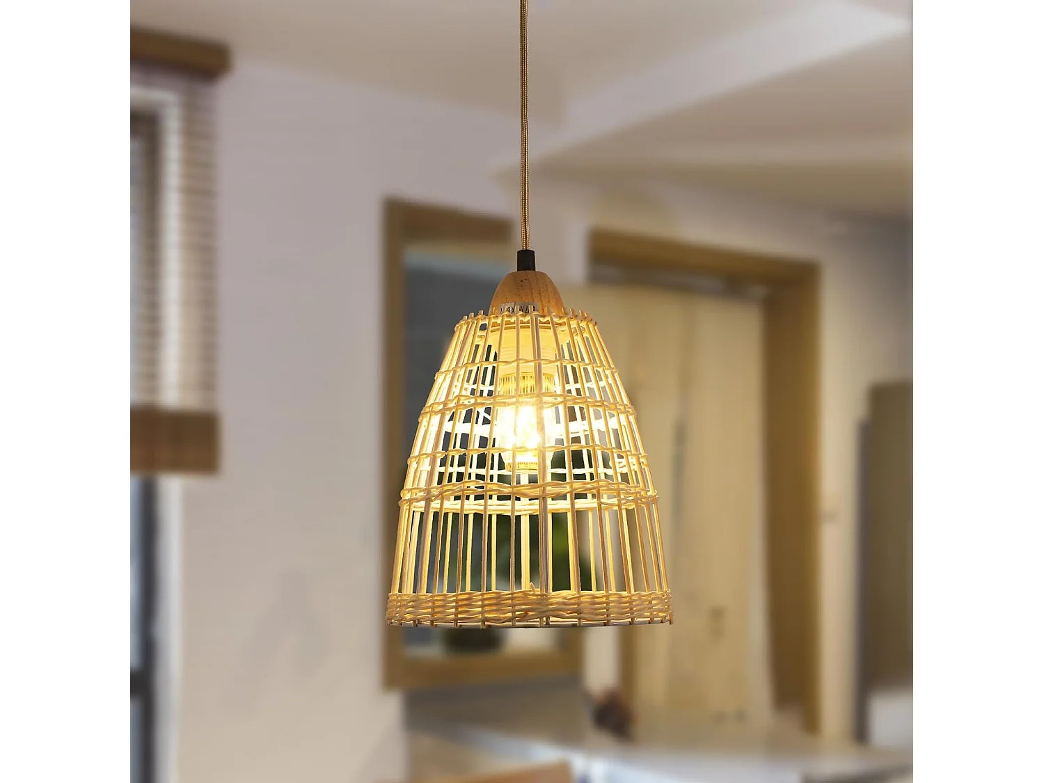 Lustre en rotin naturel tissé suspension simple abat-jour E27 réglable 120 cm pour salon chambre et salle à manger 19*26cm(Ampoule non incluse)