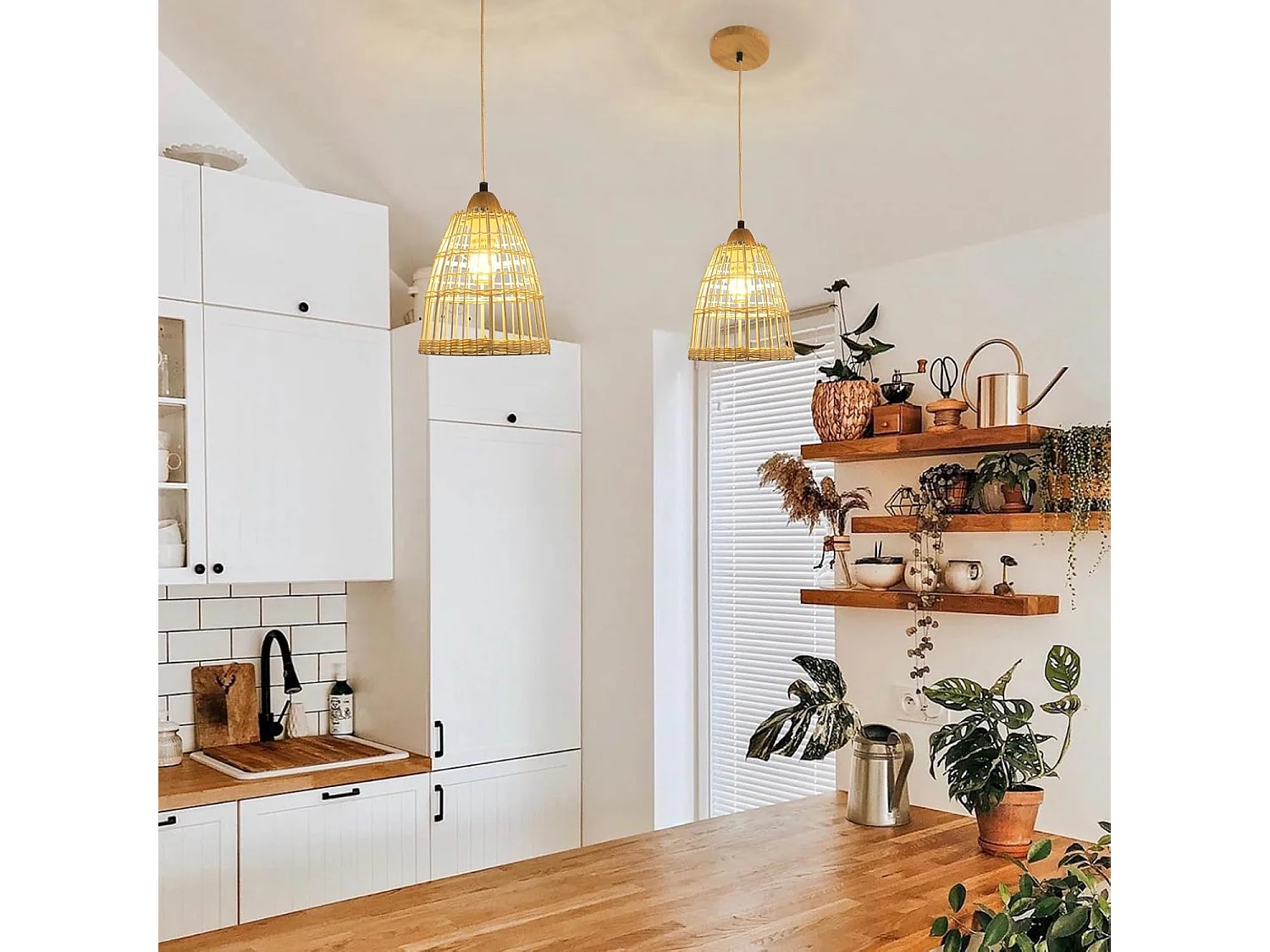 Lustre en rotin naturel tissé suspension simple abat-jour E27 réglable 120 cm pour salon chambre et salle à manger 19*26cm(Ampoule non incluse)