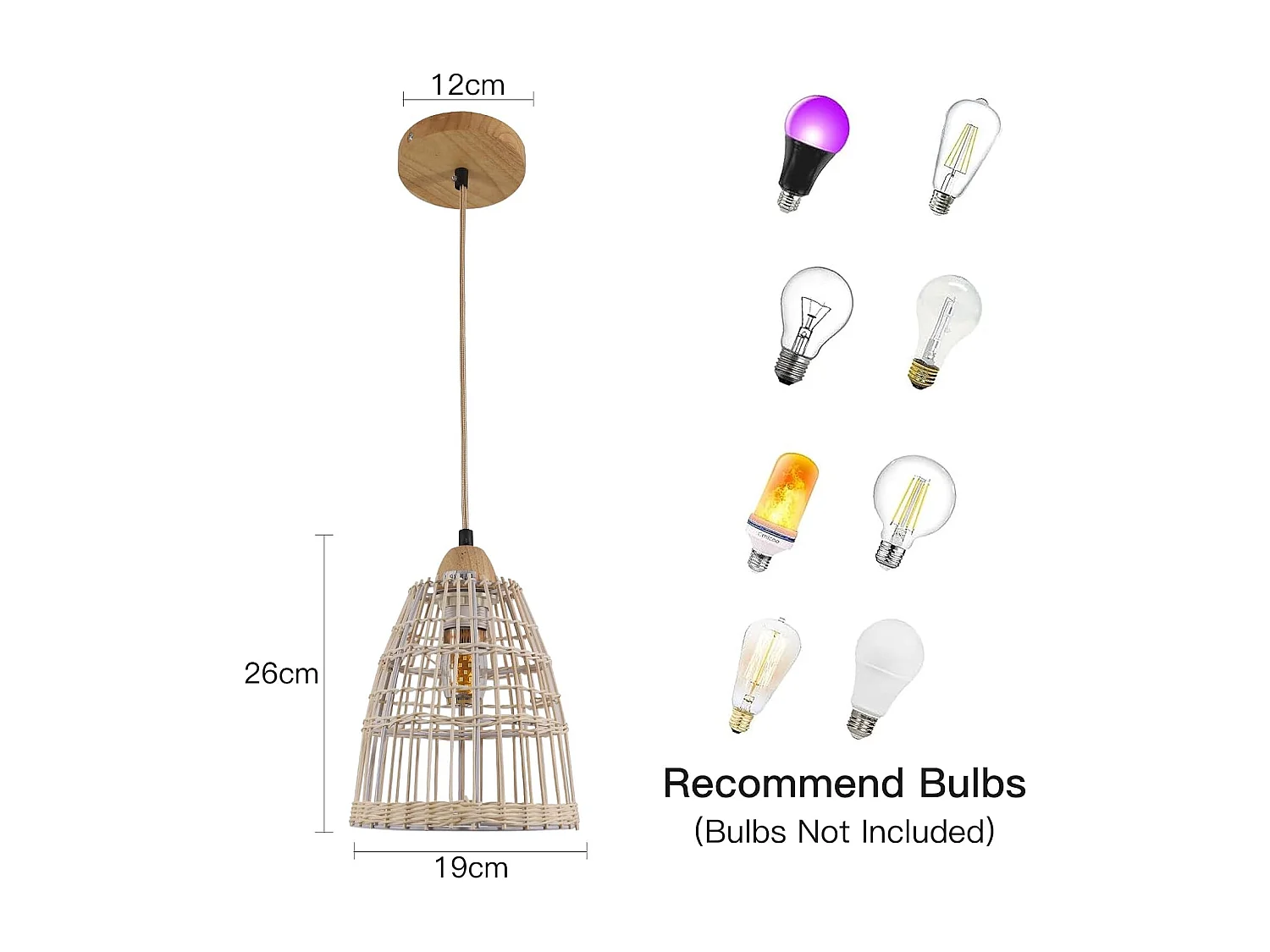 Lustre en rotin naturel tissé suspension simple abat-jour E27 réglable 120 cm pour salon chambre et salle à manger 19*26cm(Ampoule non incluse)