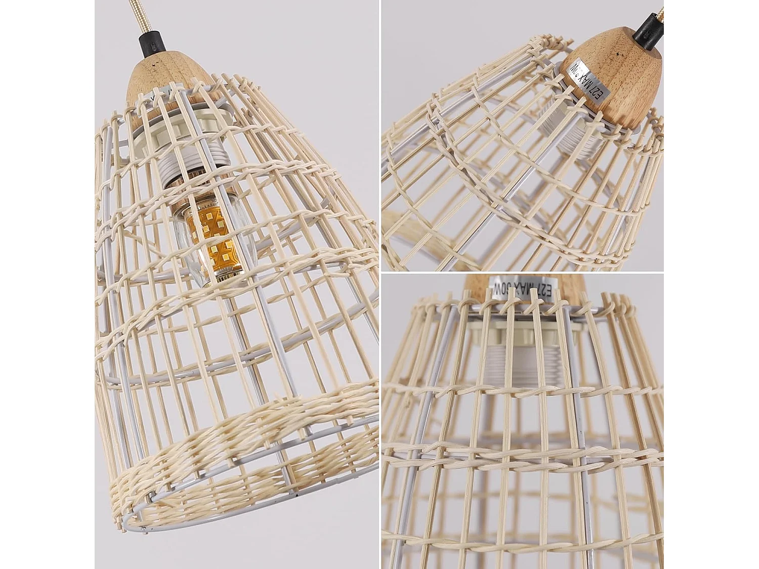 Lustre en rotin naturel tissé suspension simple abat-jour E27 réglable 120 cm pour salon chambre et salle à manger 19*26cm(Ampoule non incluse)