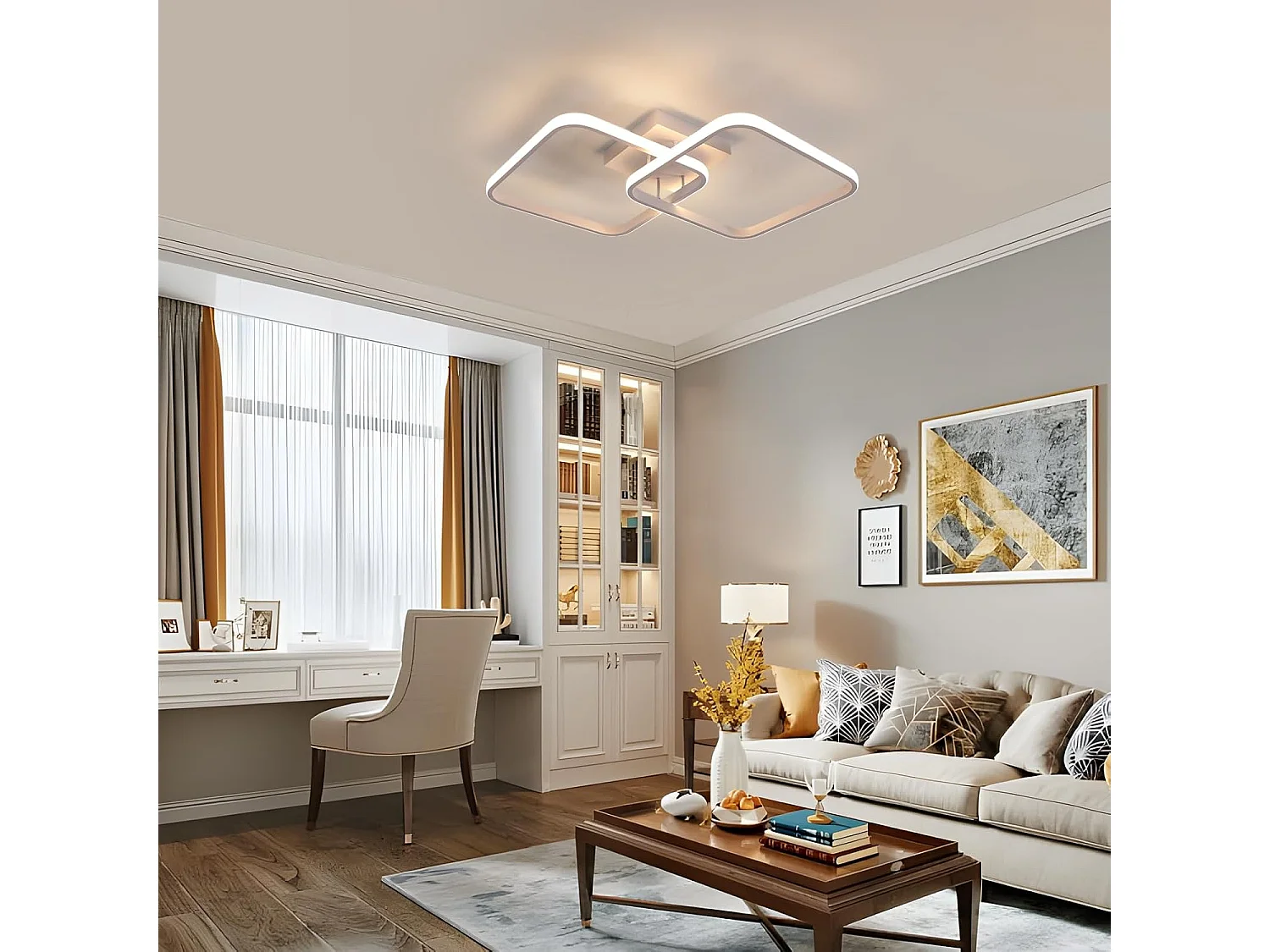 Plafonnier Moderne Simple LED en Aluminium Croix Carrée - Blanc, 50W, diamètre 29cm, Lumière Chaude 3000K - Idéal pour le Salon, la Chambre, le Coulo