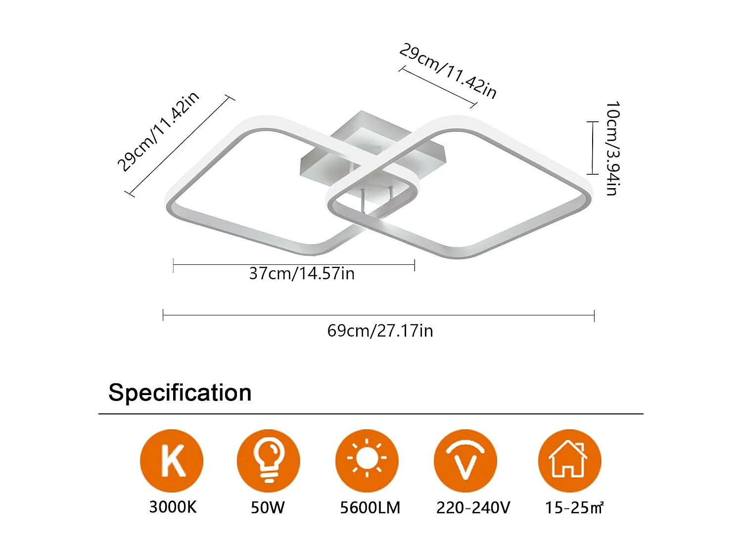 Plafonnier Moderne Simple LED en Aluminium Croix Carrée - Blanc, 50W, diamètre 29cm, Lumière Chaude 3000K - Idéal pour le Salon, la Chambre, le Coulo