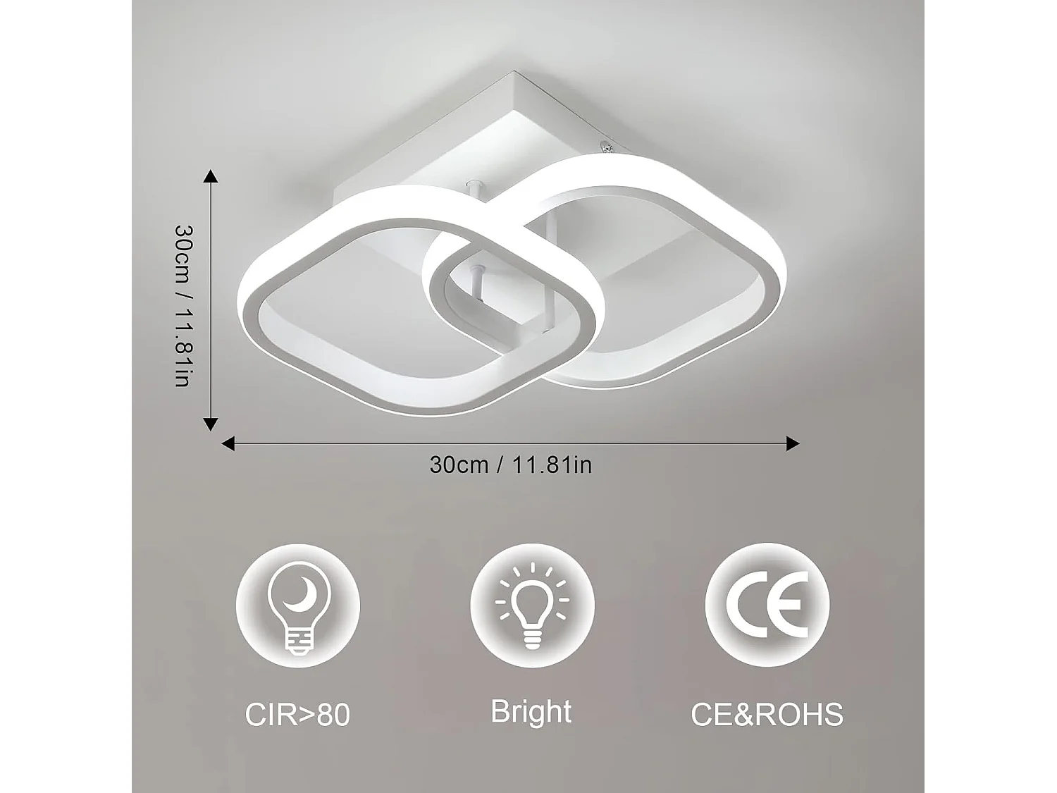 Plafonnier LED Carré Design Simple en Acrylique Blanc Idéal pour Chambre Salon Couloir（30W 6500K Lumière Blanche Froide）