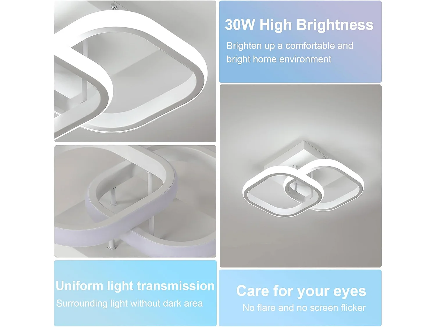 Plafonnier LED Carré Design Simple en Acrylique Blanc Idéal pour Chambre Salon Couloir（30W 6500K Lumière Blanche Froide）