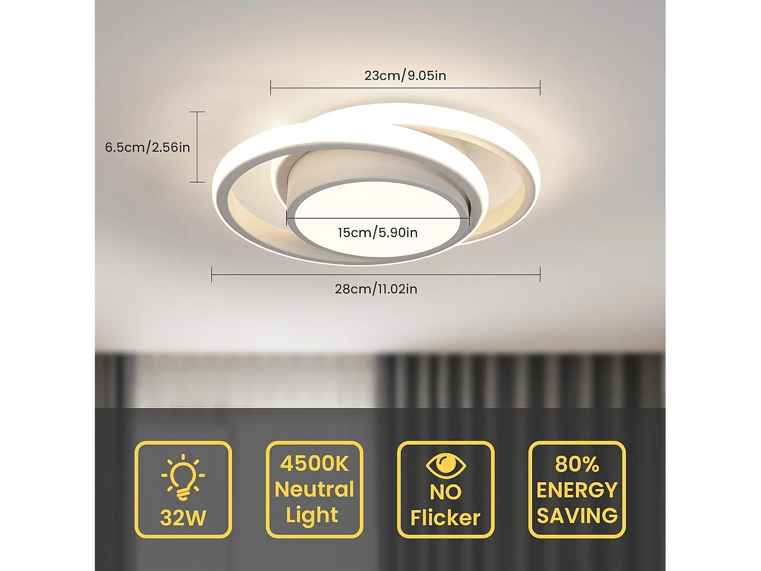 Plafonnier LED Moderne, 2 Ronds Blancs, en Aluminium, 32W 5000K Lumière Blanche Neutre, Châssis 15CM, pour Salon Chambre