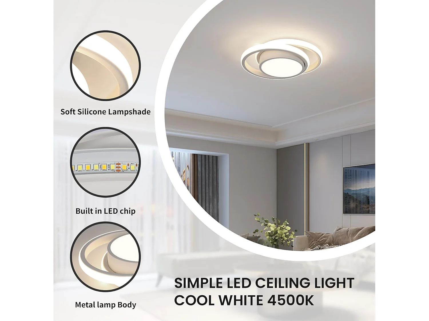 Plafonnier LED Moderne, 2 Ronds Blancs, en Aluminium, 32W 5000K Lumière Blanche Neutre, Châssis 15CM, pour Salon Chambre