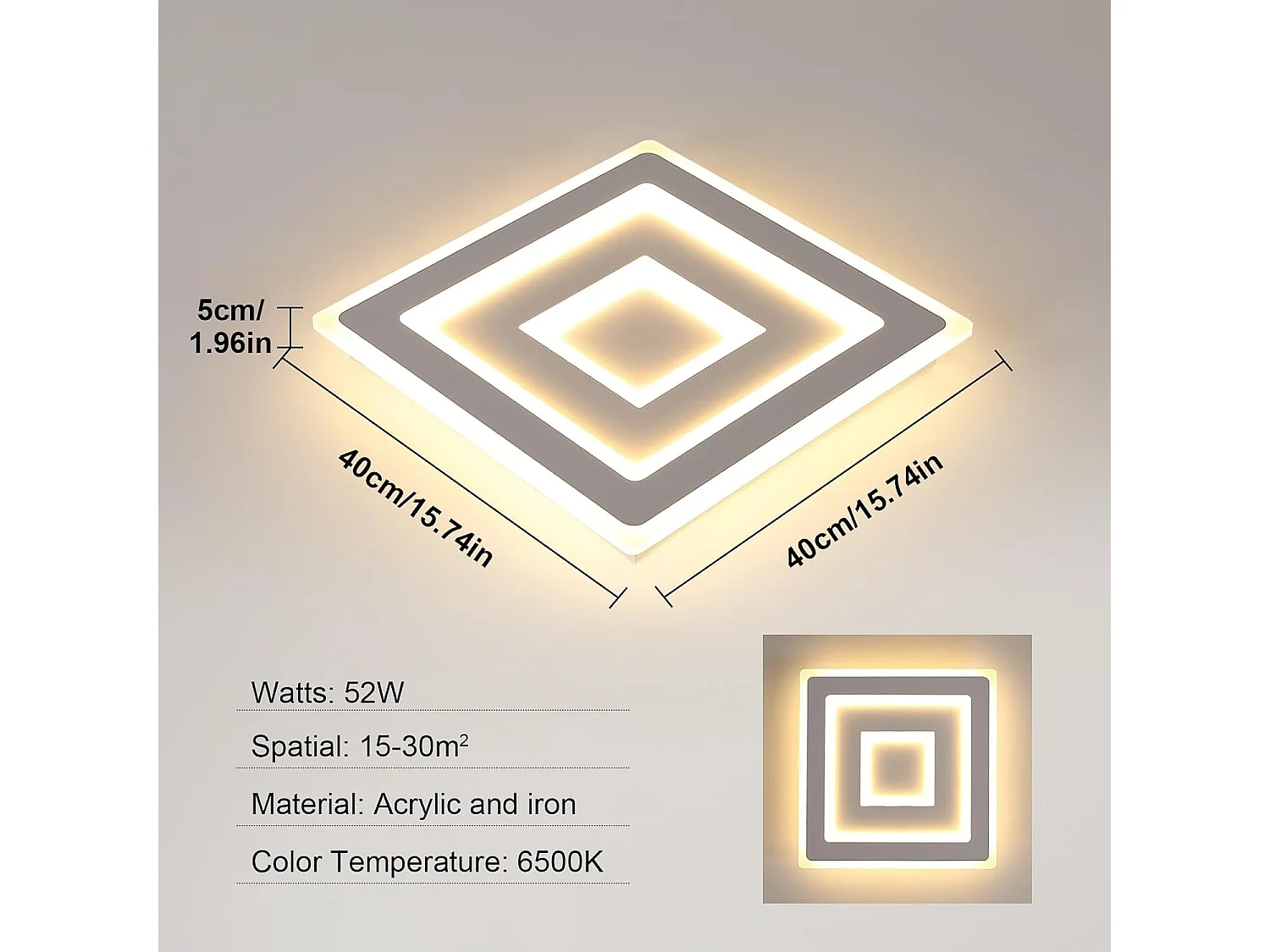 Plafonnier LED Carré Design Moderne, 52W, Luminaire Plafonnier en Acrylique Blanc, Idéal pour Chambre à Coucher, Salon, Couloir, Lumière Chaude 3000K, 40cm