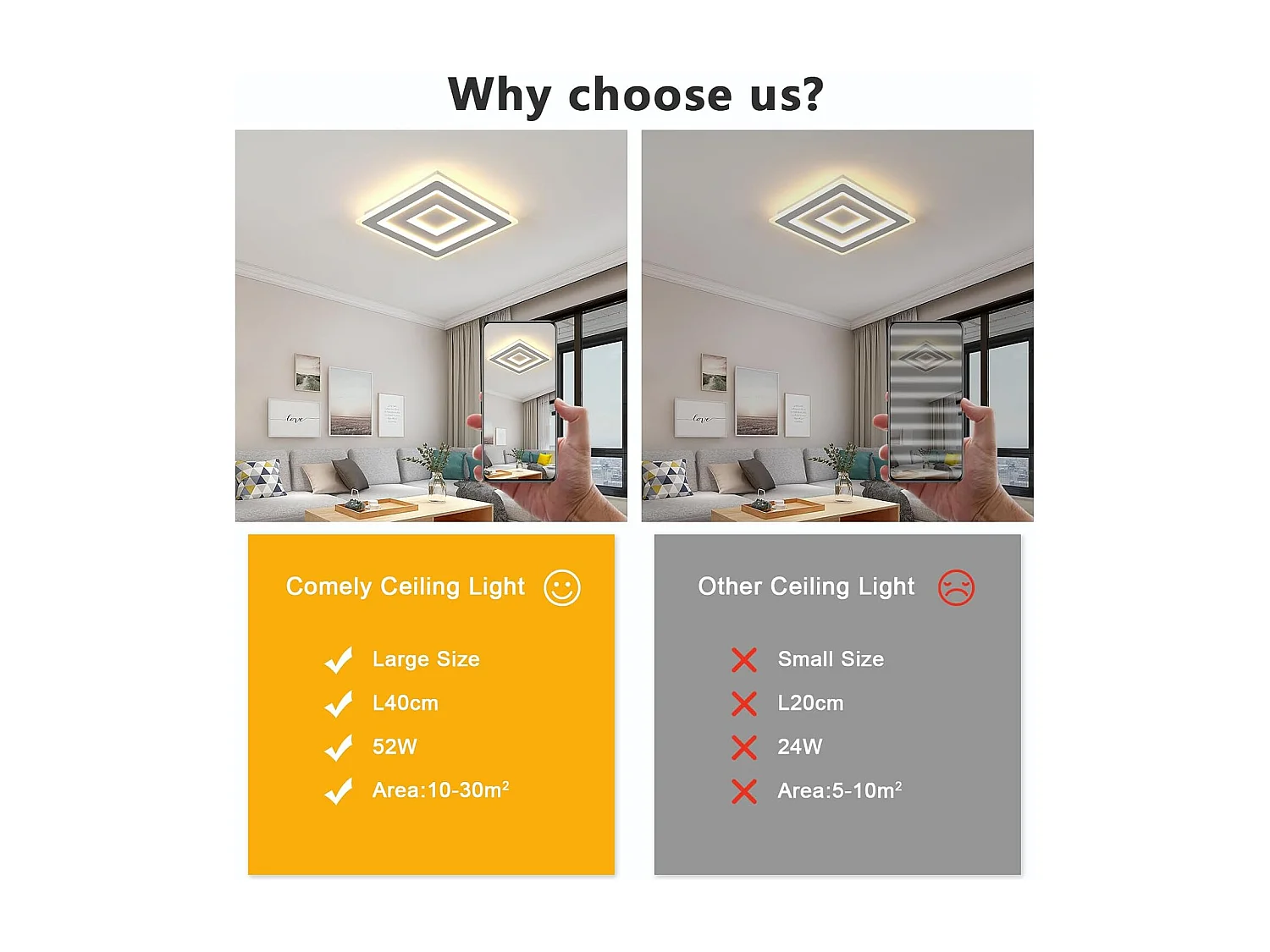 Plafonnier LED Carré Design Moderne, 52W, Luminaire Plafonnier en Acrylique Blanc, Idéal pour Chambre à Coucher, Salon, Couloir, Lumière Chaude 3000K, 40cm