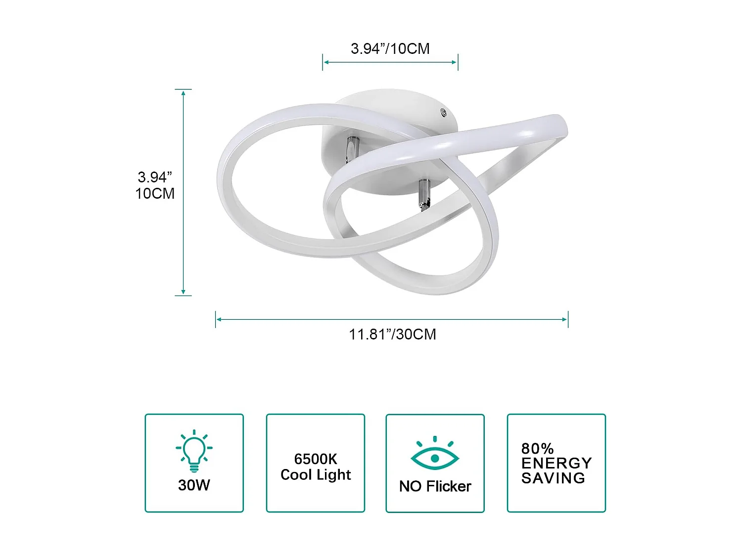 Plafonnier LED Moderne Design Créatif en Aluminium Lampe de Lustre pour Cuisine Salon Chambre Salle à Manger（Blanc 30W Lumière Blanche Froide 6500K）