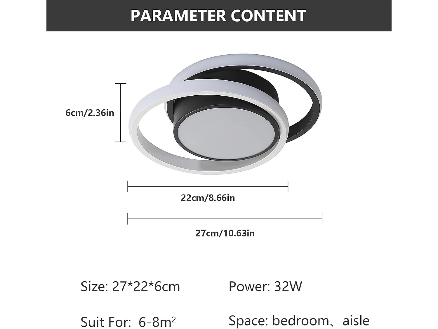 Plafonnier LED Double Rond Design Moderne pour Salle de Bain Salon Chambre Cuisine Éclairage Puissant et Élégant (Noir+Blanc 32W Lumière Blanche 6500K)