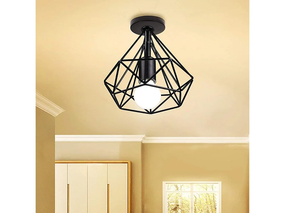 Plafonnier Industrielle Vintage en Métal LED E27 Cage forme Diamant 20cm pour Salle à Manger,Bar,Chambre,Cuisine et Salon (Noir)